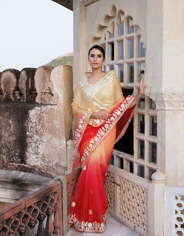 Red Yellow Shaded Handcrafted Gota Patti Organza Saree - Geroo Jaipur