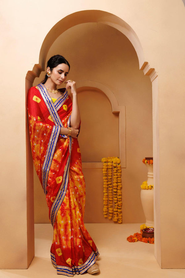 Red-Yellow Shibori Bandhani Drapped Silk Saree - Geroo Jaipur