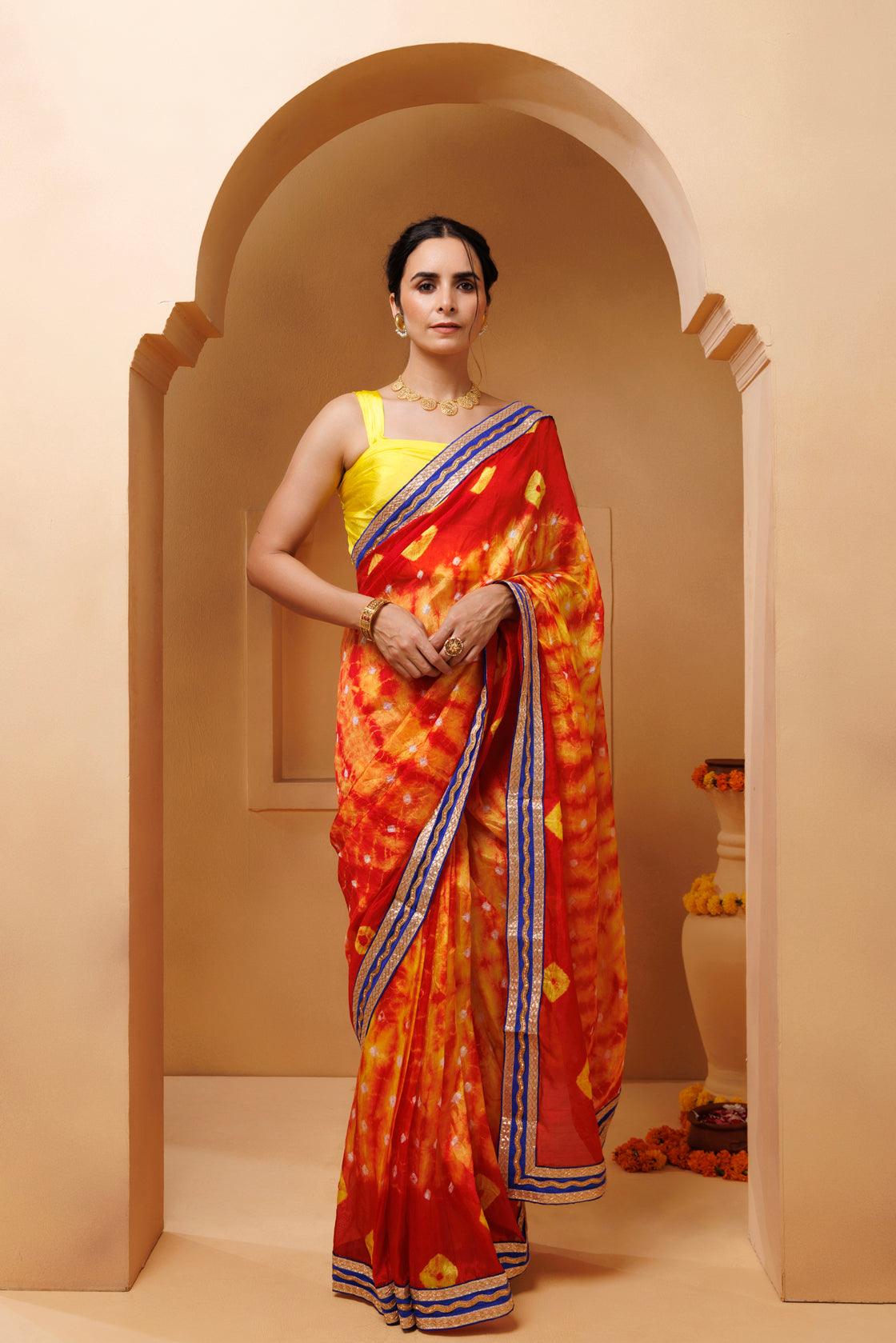 Patola Printed Chiffon Saree in Mustard and Red : SSF21071