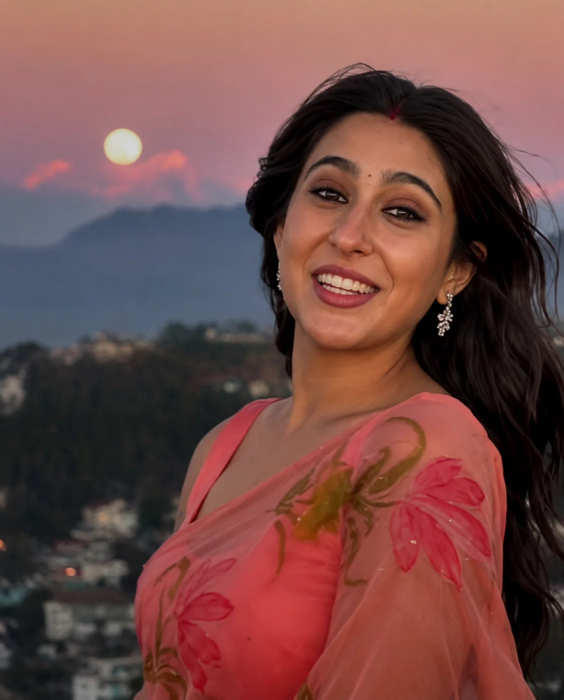 Sara Ali Khan In Peach Hand Painted Ready To Wear Chiffon Mukaish Saree