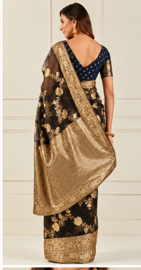 Black Handcrafted Zari Woven Organza Banarasi Saree