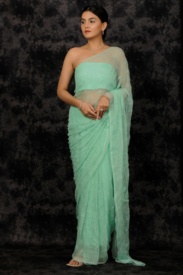 Sea Green Chiffon Hand Embroidered Sequins Jaal Saree - Geroo Jaipur