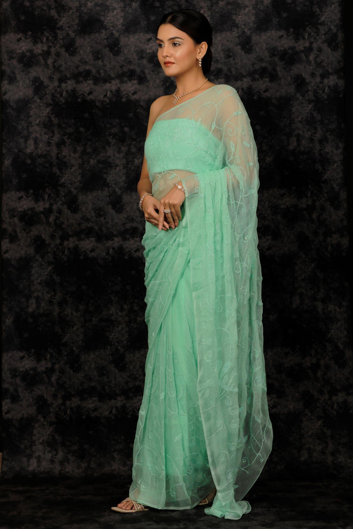 Sea Green Chiffon Hand Embroidered Sequins Jaal Saree - Geroo Jaipur