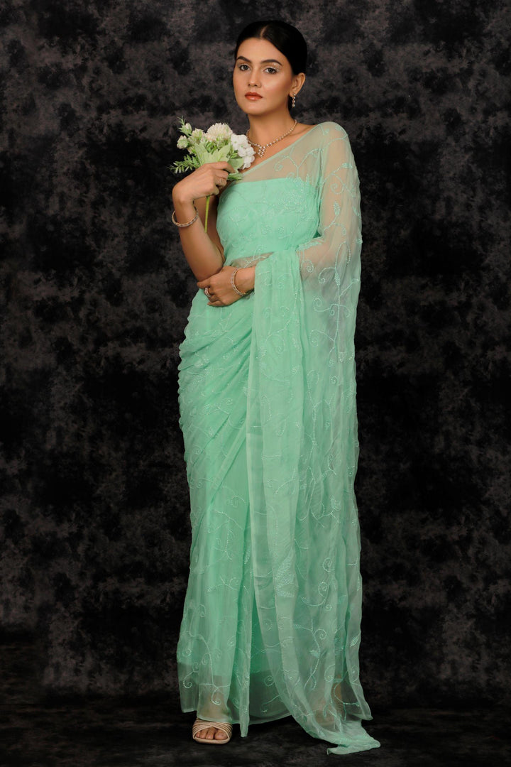 Sea Green Chiffon Hand Embroidered Sequins Jaal Saree - Geroo Jaipur