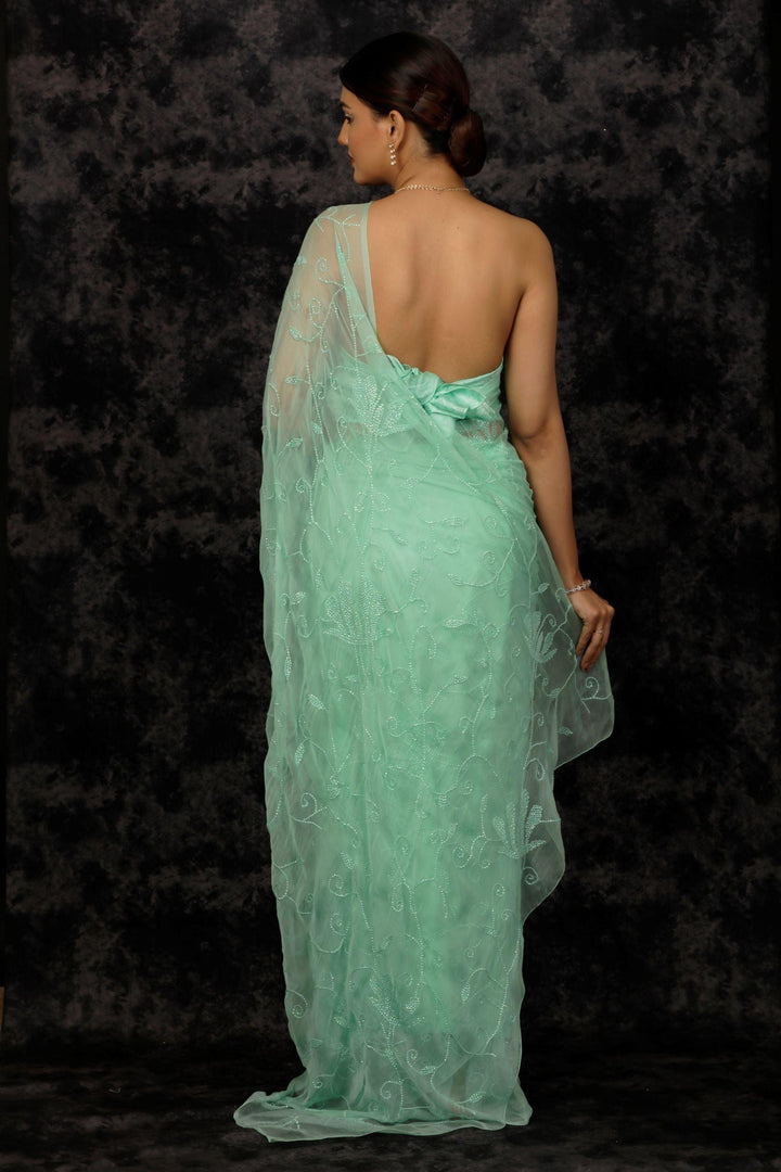 Sea Green Chiffon Hand Embroidered Sequins Jaal Saree - Geroo Jaipur