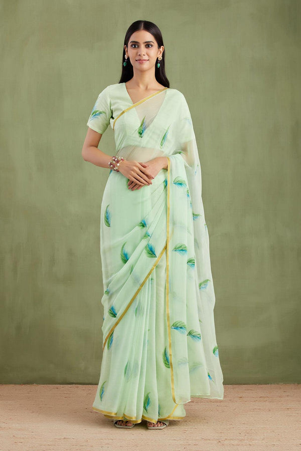 Sea Green Hand Painted Chiffon Saree - Geroo Jaipur