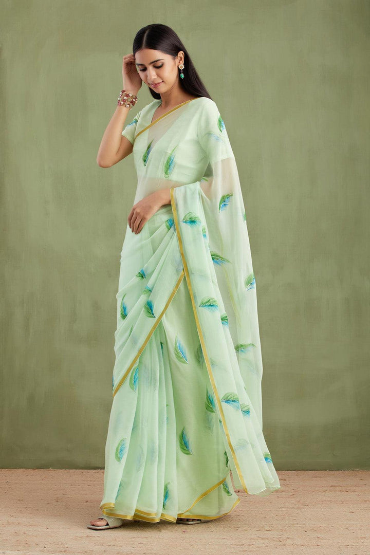 Sea Green Hand Painted Chiffon Saree - Geroo Jaipur