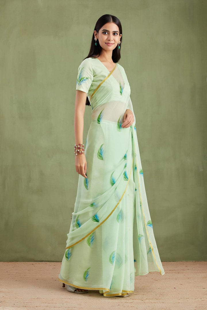 Sea Green Hand Painted Chiffon Saree - Geroo Jaipur