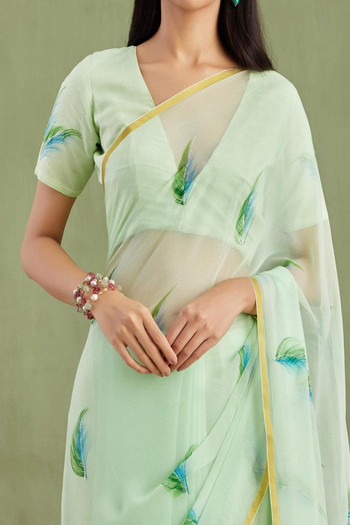 Sea Green Hand Painted Chiffon Saree - Geroo Jaipur