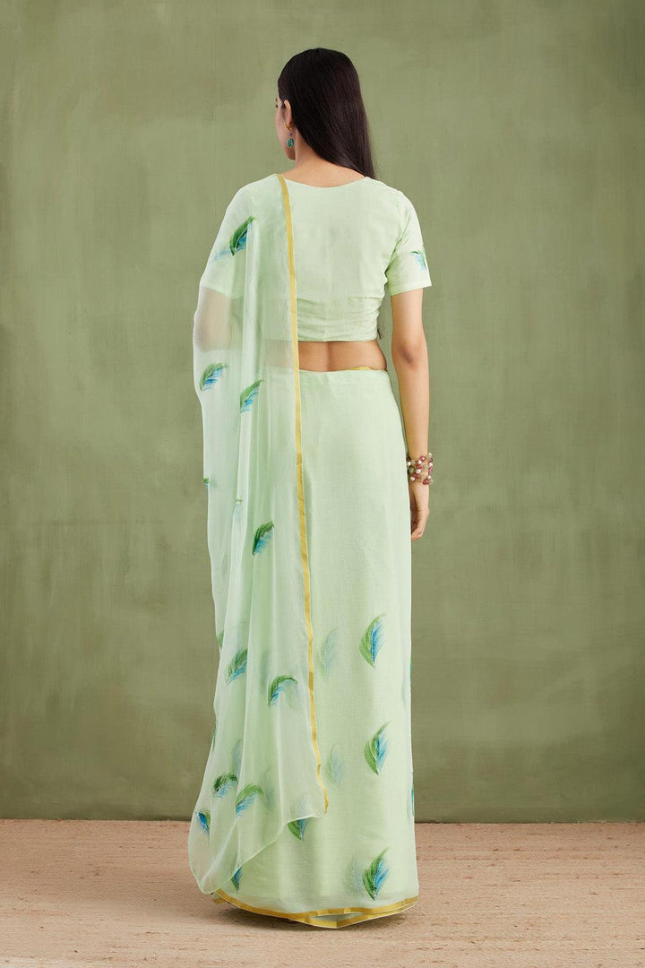 Sea Green Hand Painted Chiffon Saree - Geroo Jaipur