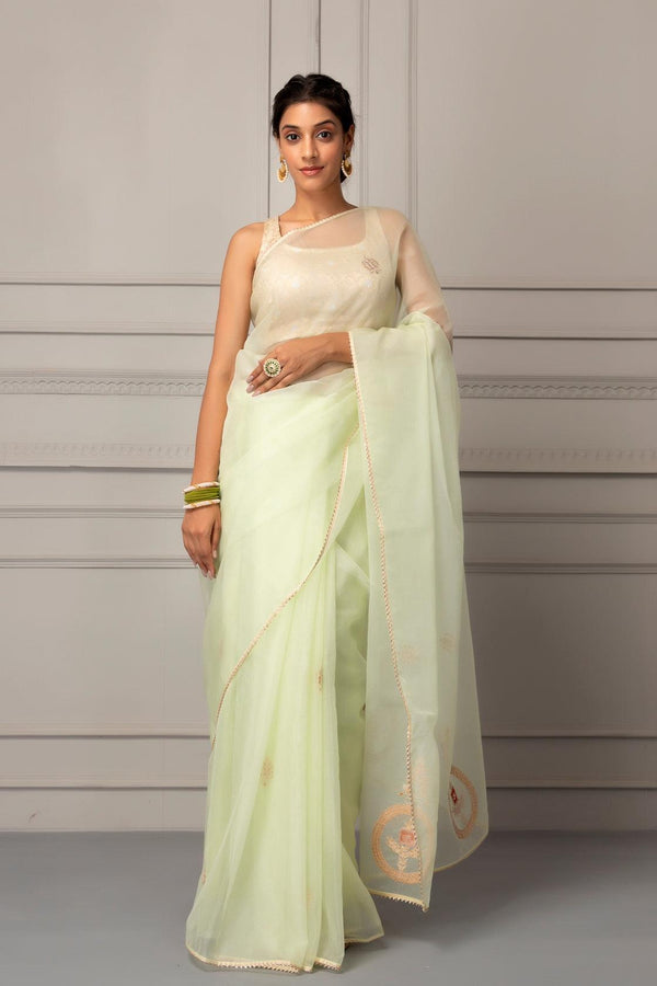 Sea Green Handcrafted Gota Patti Organza Saree - Geroo Jaipur