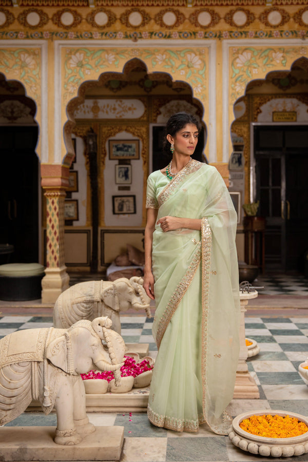 Sea Green Handcrafted Gota Patti Organza Saree - Geroo Jaipur