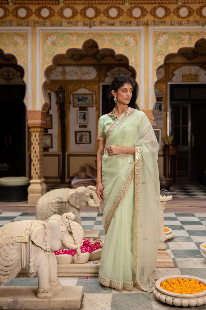 Sea Green Handcrafted Gota Patti Organza Saree - Geroo Jaipur