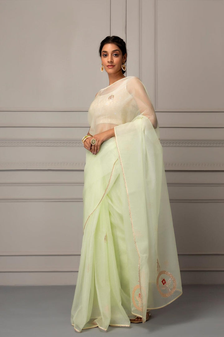 Sea Green Handcrafted Gota Patti Organza Saree - Geroo Jaipur