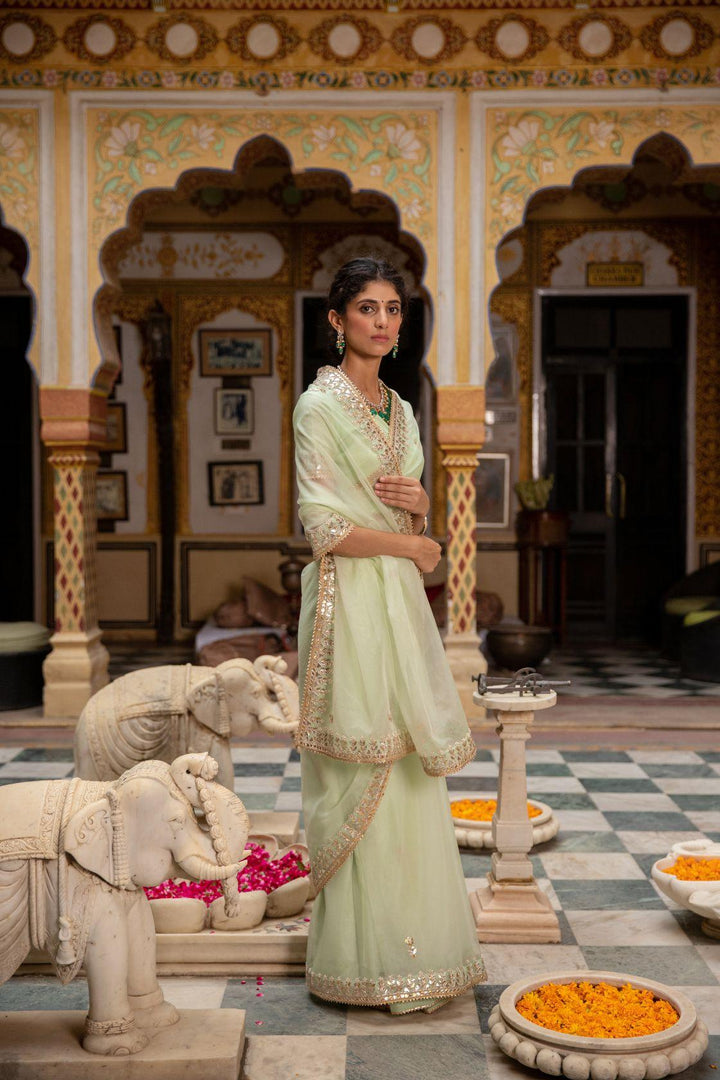 Sea Green Handcrafted Gota Patti Organza Saree - Geroo Jaipur