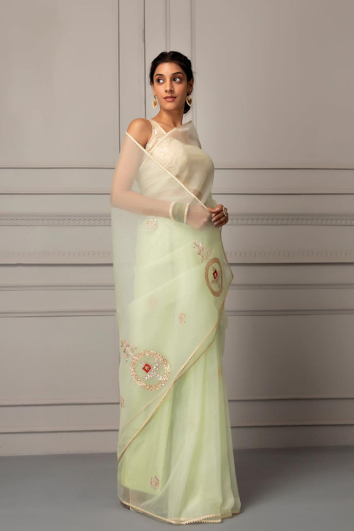 Sea Green Handcrafted Gota Patti Organza Saree - Geroo Jaipur