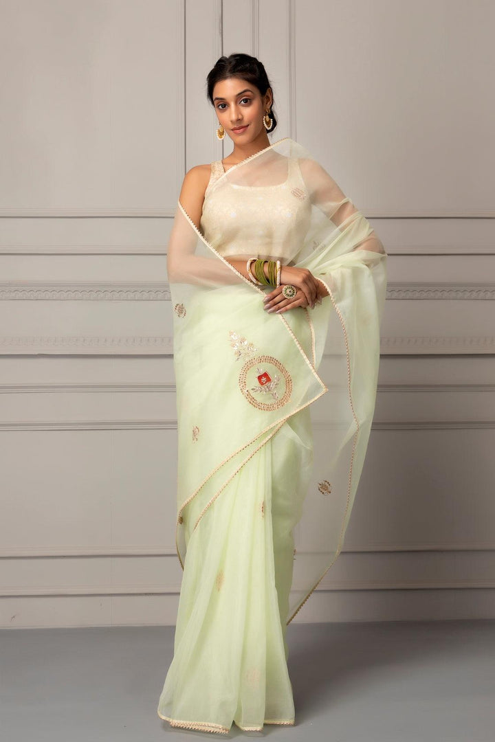 Sea Green Handcrafted Gota Patti Organza Saree - Geroo Jaipur