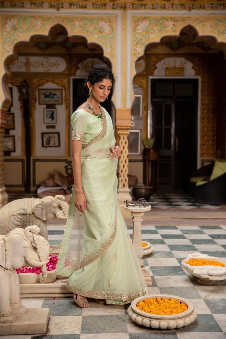 Sea Green Handcrafted Gota Patti Organza Saree - Geroo Jaipur