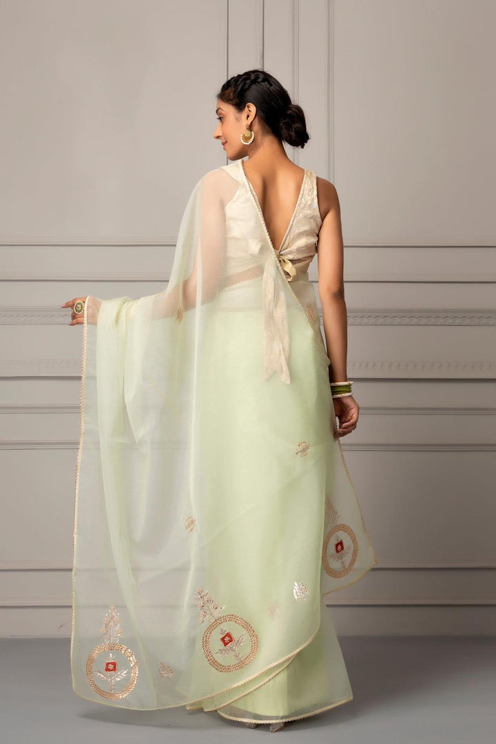 Sea Green Handcrafted Gota Patti Organza Saree - Geroo Jaipur