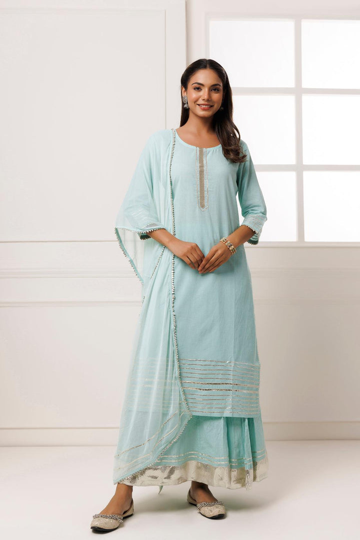 Sea Green Handcrafted Straight Cotton Kurta Set With Dupatta - Geroo Jaipur