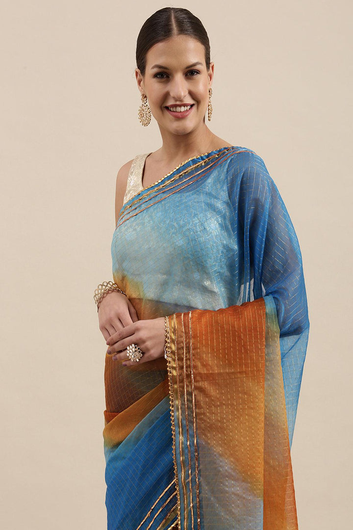 Shaded Handcrafted Gota & Zari Organza Saree - Geroo Jaipur