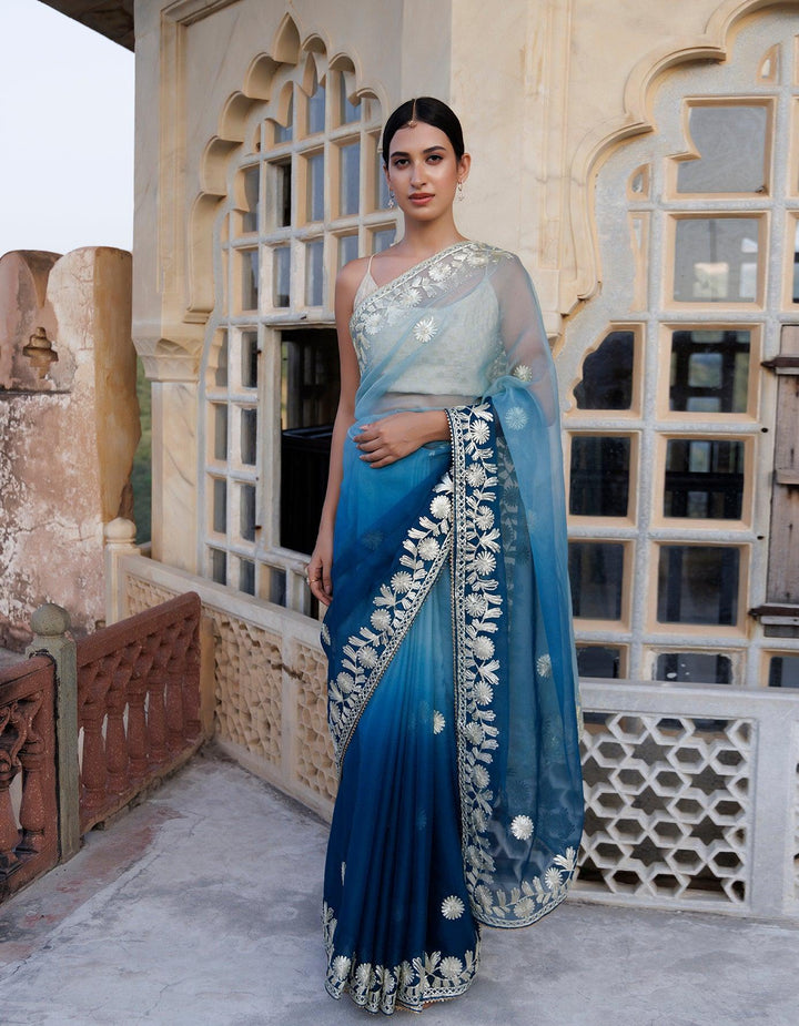 Shaded Handcrafted Gota Patti Organza Saree - Geroo Jaipur