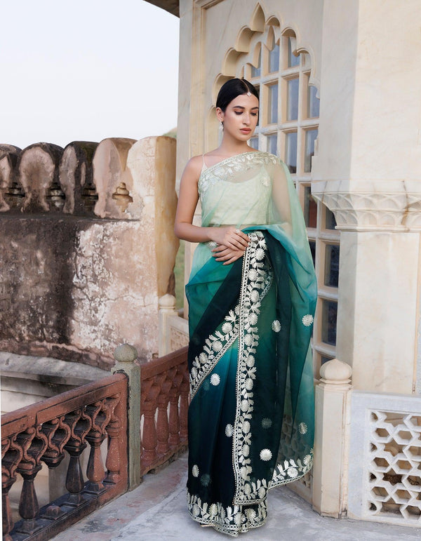 Shaded Handcrafted Gota Patti Organza Saree - Geroo Jaipur