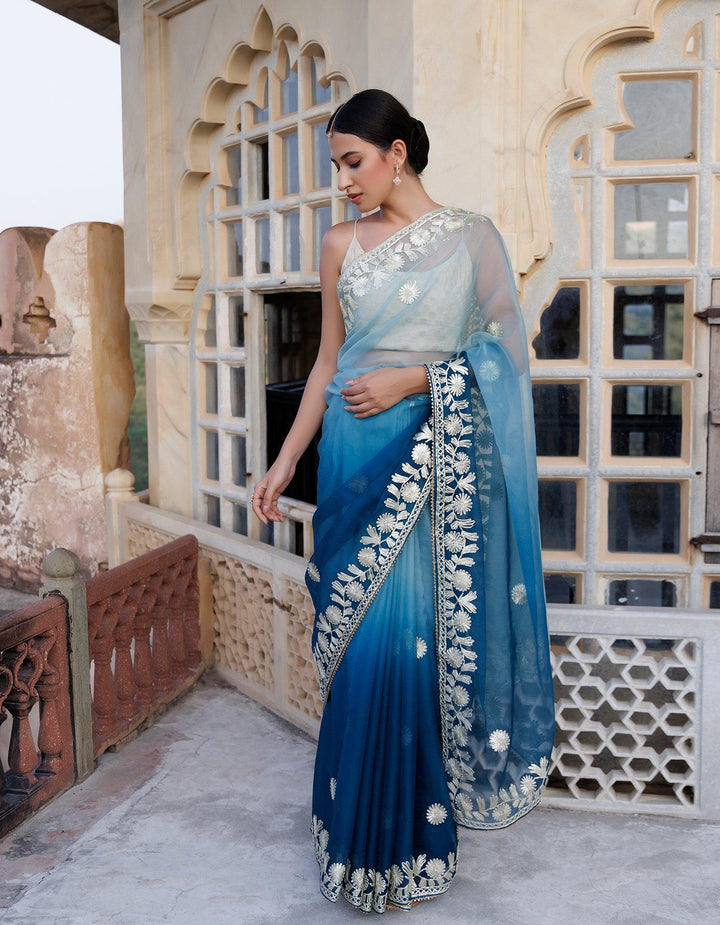 Shaded Handcrafted Gota Patti Organza Saree - Geroo Jaipur