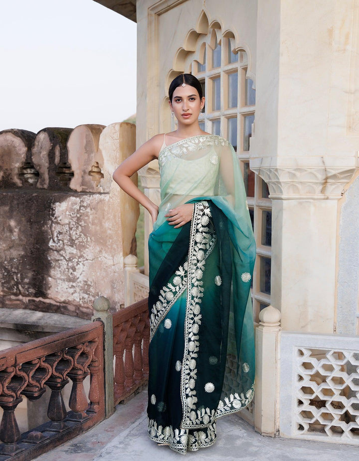 Shaded Handcrafted Gota Patti Organza Saree - Geroo Jaipur