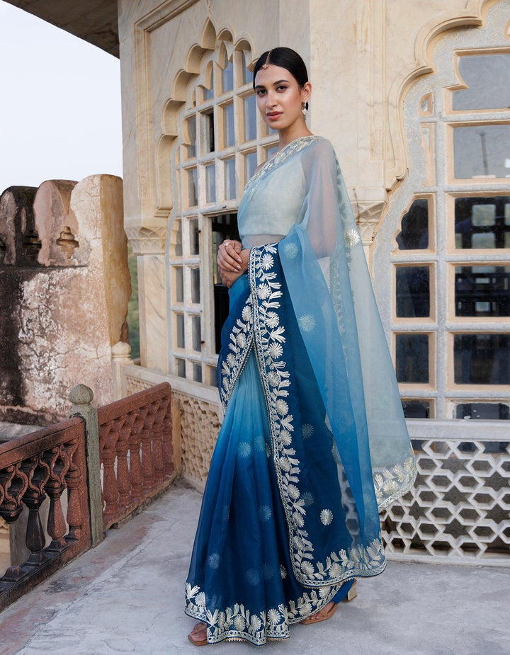 Shaded Handcrafted Gota Patti Organza Saree - Geroo Jaipur