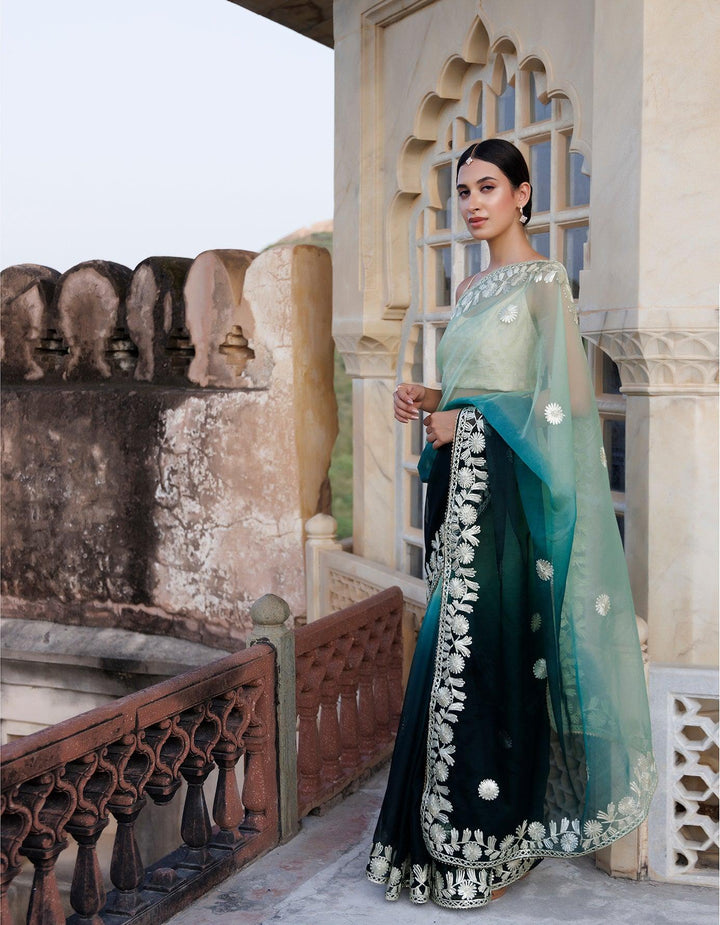 Shaded Handcrafted Gota Patti Organza Saree - Geroo Jaipur