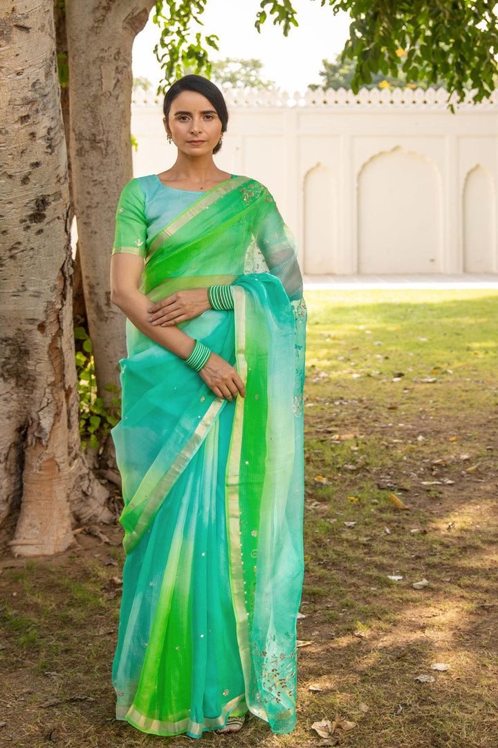 Shaded Peacock Pure Kota Silk Handcrafted Saree - Geroo Jaipur