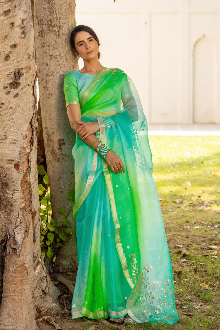 Shaded Peacock Pure Kota Silk Handcrafted Saree - Geroo Jaipur