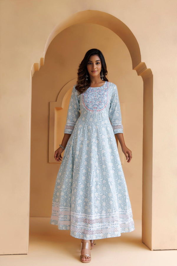 Sky-Blue Cotton Floral Embroidered Long Dress - Geroo Jaipur