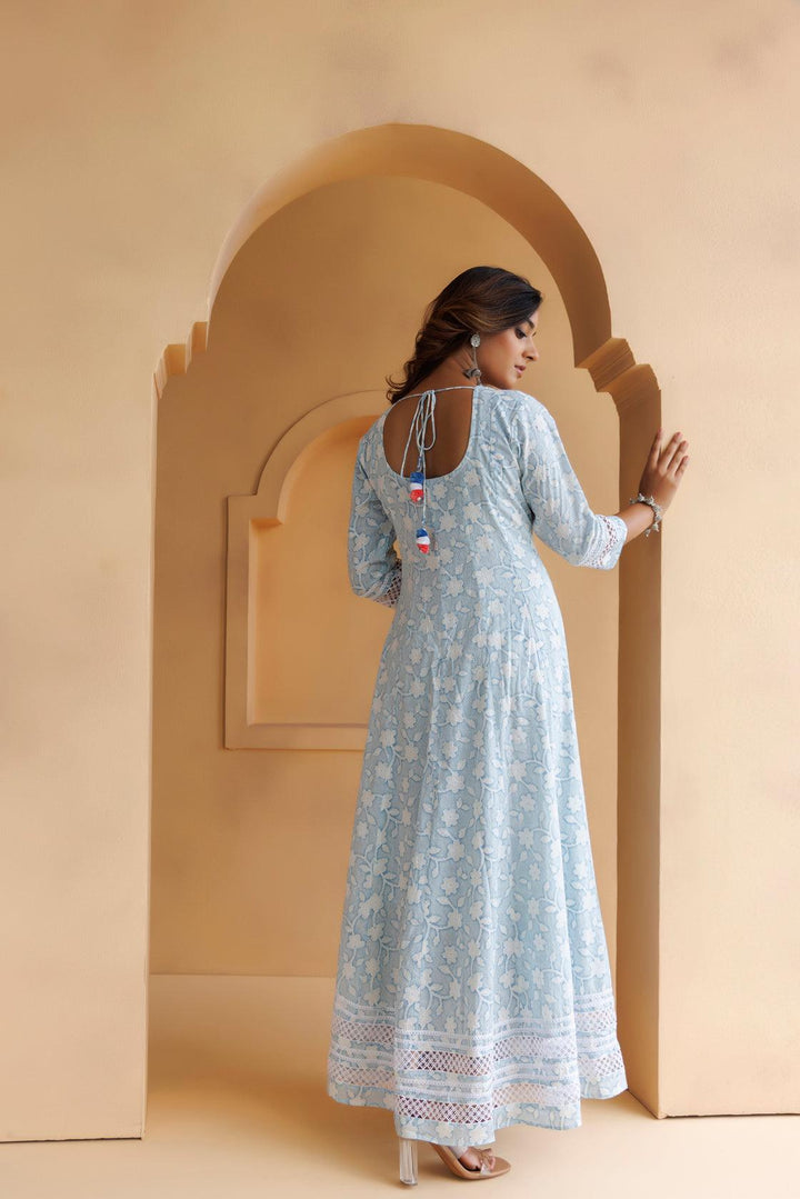 Sky-Blue Cotton Floral Embroidered Long Dress - Geroo Jaipur