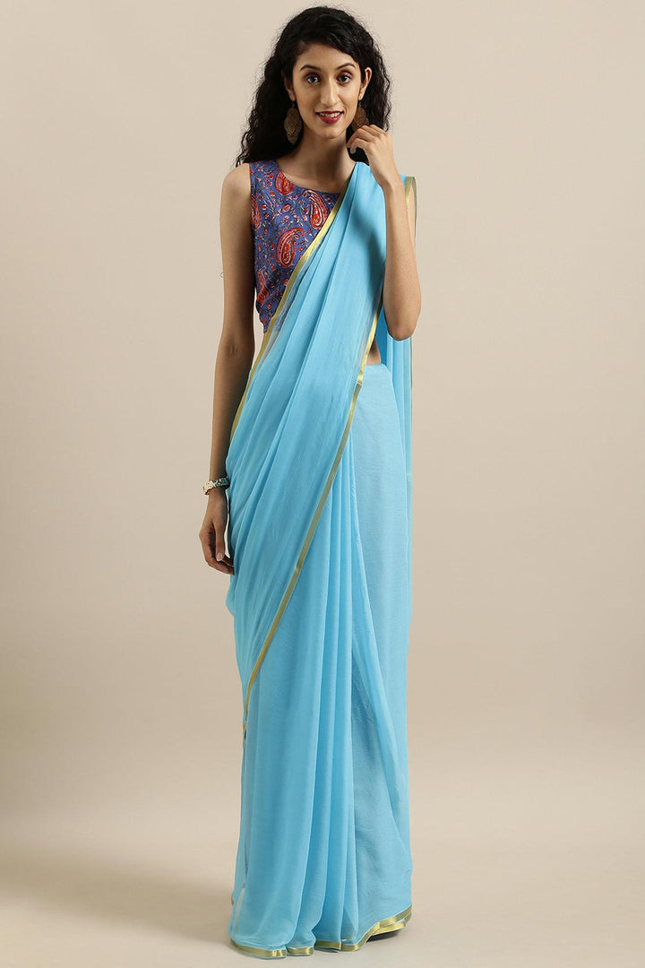 Sky Blue Hand-Dyed Chiffon Saree With Hand Block Printed Blouse - Geroo Jaipur