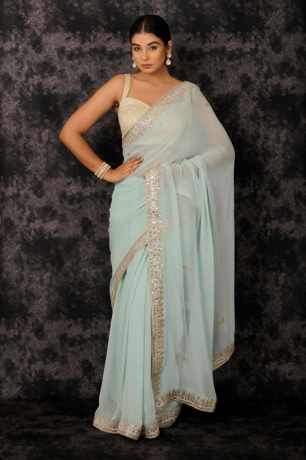 Sky Blue Handcrafted Gota Patti Georgette Saree - Geroo Jaipur