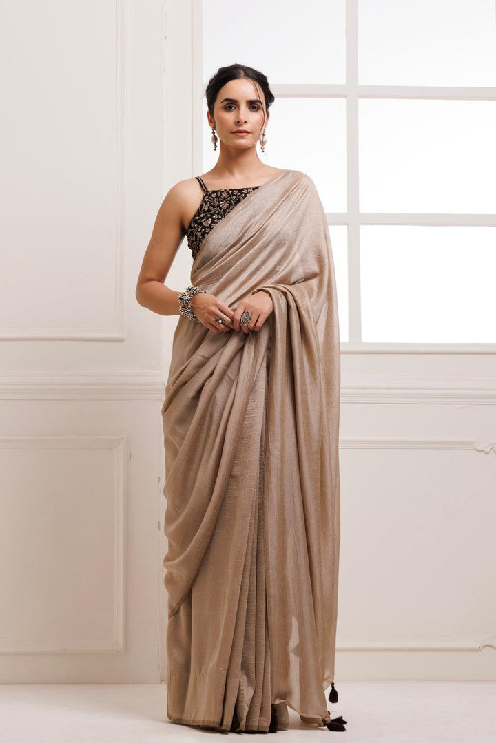 Taupe Solid Silk Textured Saree With Stitched Embroidered Blouse - Geroo Jaipur