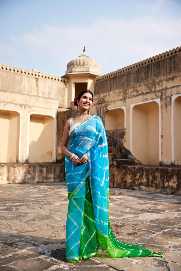 Turquoise Blue- Green Pure Kota Silk Hand Dyed Leheriya Saree - Geroo Jaipur