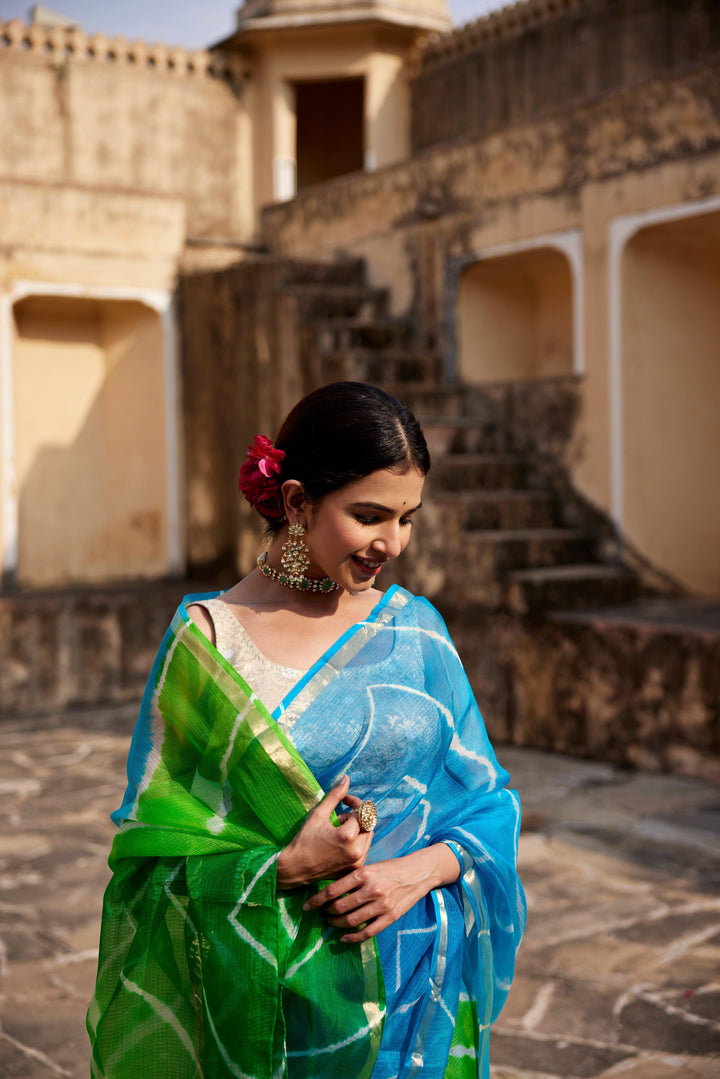 Turquoise Blue- Green Pure Kota Silk Hand Dyed Leheriya Saree - Geroo Jaipur