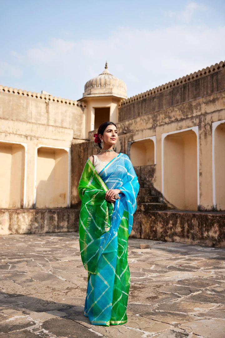 Turquoise Blue- Green Pure Kota Silk Hand Dyed Leheriya Saree - Geroo Jaipur