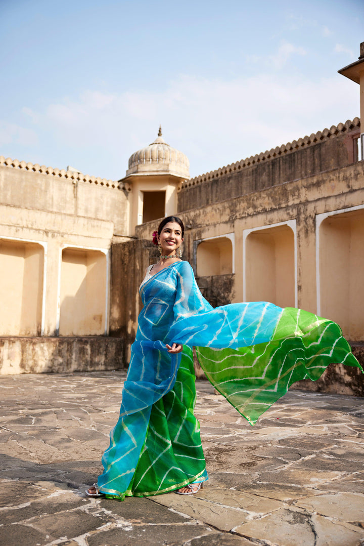 Turquoise Blue- Green Pure Kota Silk Hand Dyed Leheriya Saree - Geroo Jaipur