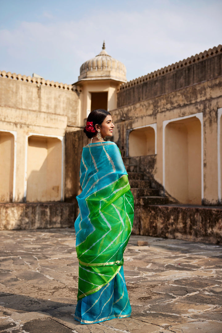 Turquoise Blue- Green Pure Kota Silk Hand Dyed Leheriya Saree - Geroo Jaipur