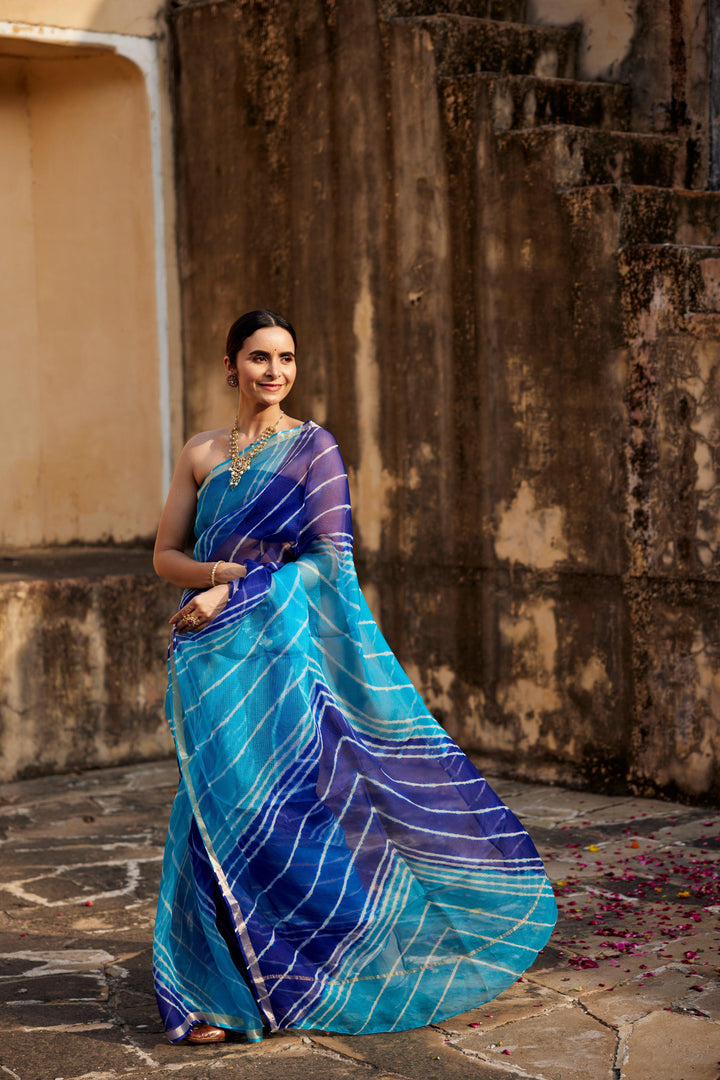 Turquoise Blue Pure Kota Silk Hand Dyed Leheriya Saree - Geroo Jaipur