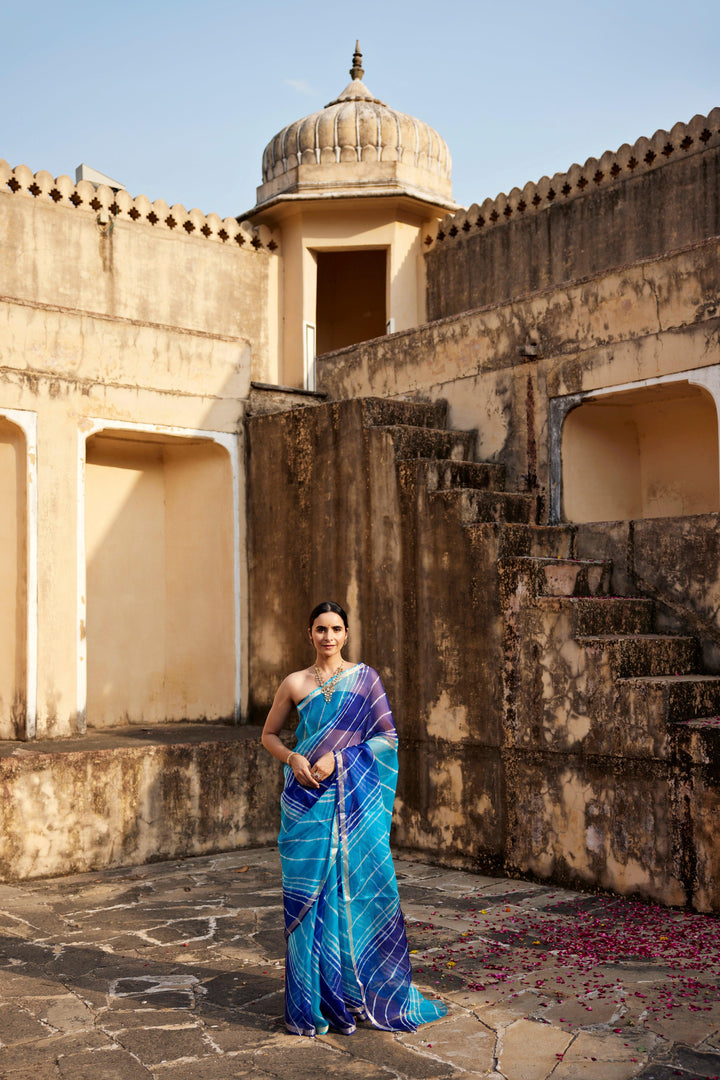 Turquoise Blue Pure Kota Silk Hand Dyed Leheriya Saree - Geroo Jaipur