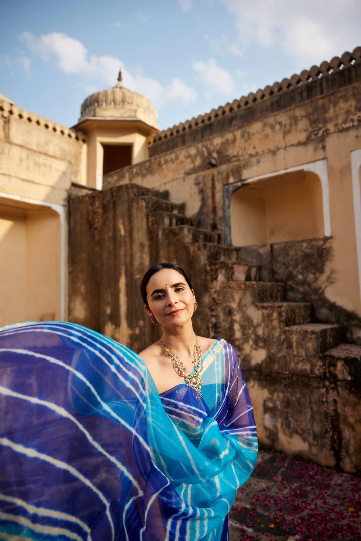 Turquoise Blue Pure Kota Silk Hand Dyed Leheriya Saree - Geroo Jaipur