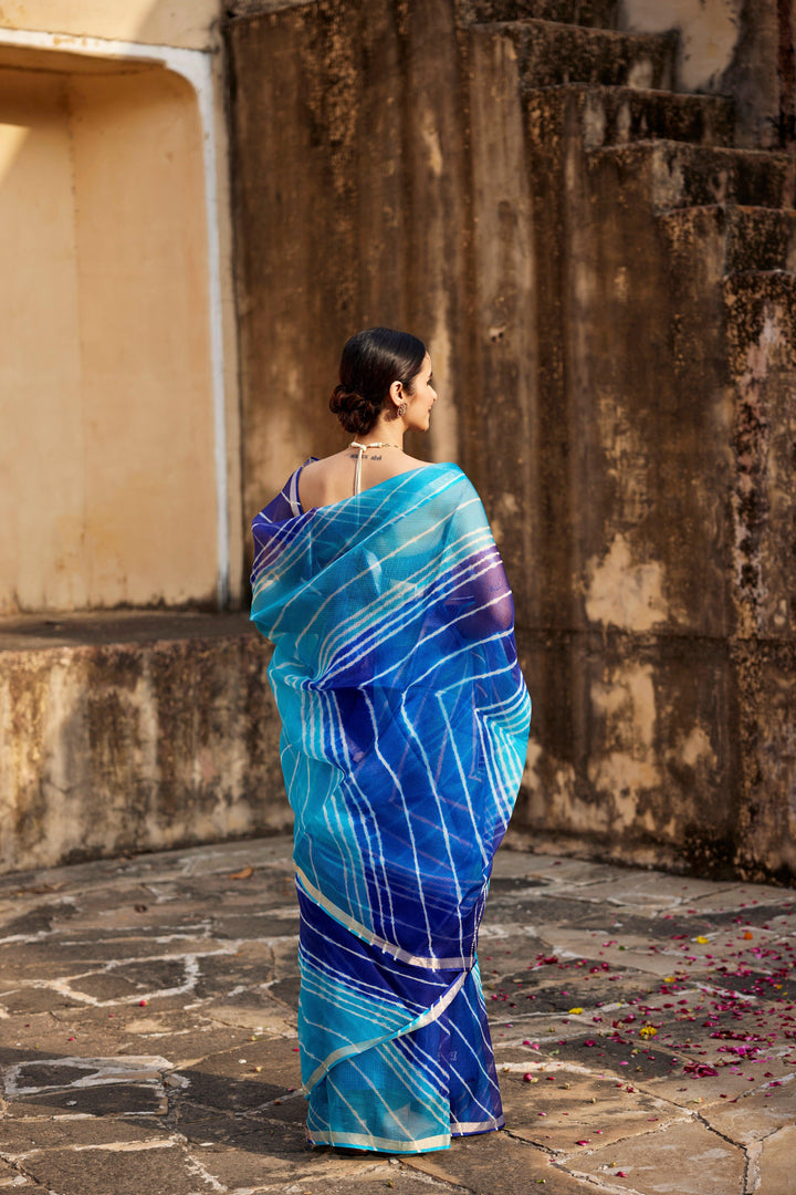 Turquoise Blue Pure Kota Silk Hand Dyed Leheriya Saree - Geroo Jaipur