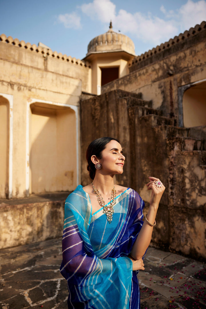 Turquoise Blue Pure Kota Silk Hand Dyed Leheriya Saree - Geroo Jaipur