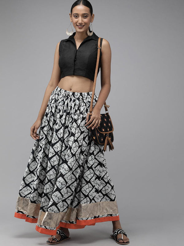 White & Black Hand Block Printed Cotton Skirt with Magzi Border - Geroo Jaipur