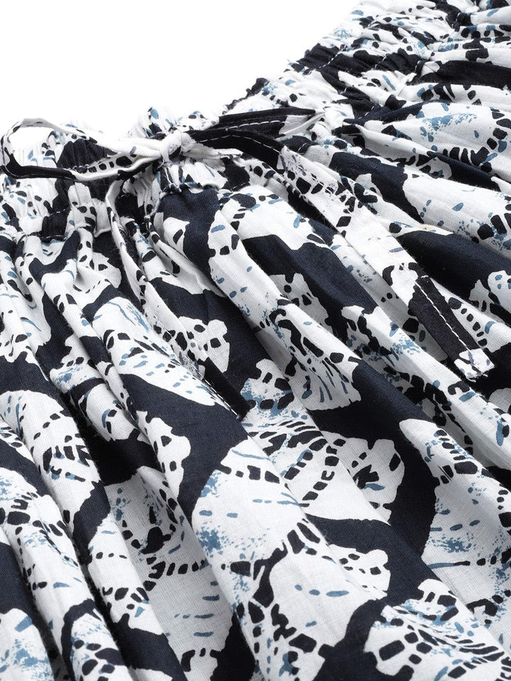 White & Black Hand Block Printed Cotton Skirt with Magzi Border - Geroo Jaipur